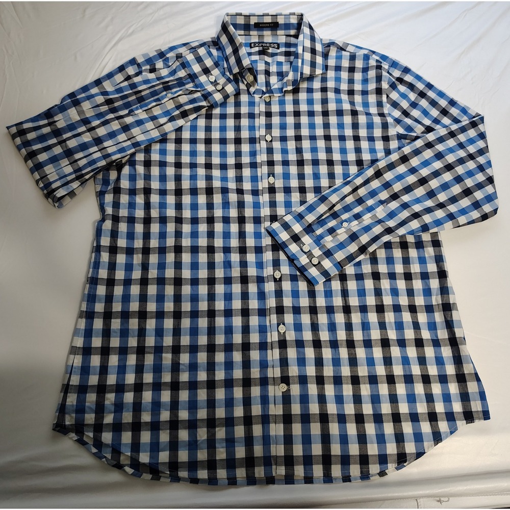 Express Mens Modern Fit Blue Gingham Check Cotton Button Down Shirt XL 17-17.5